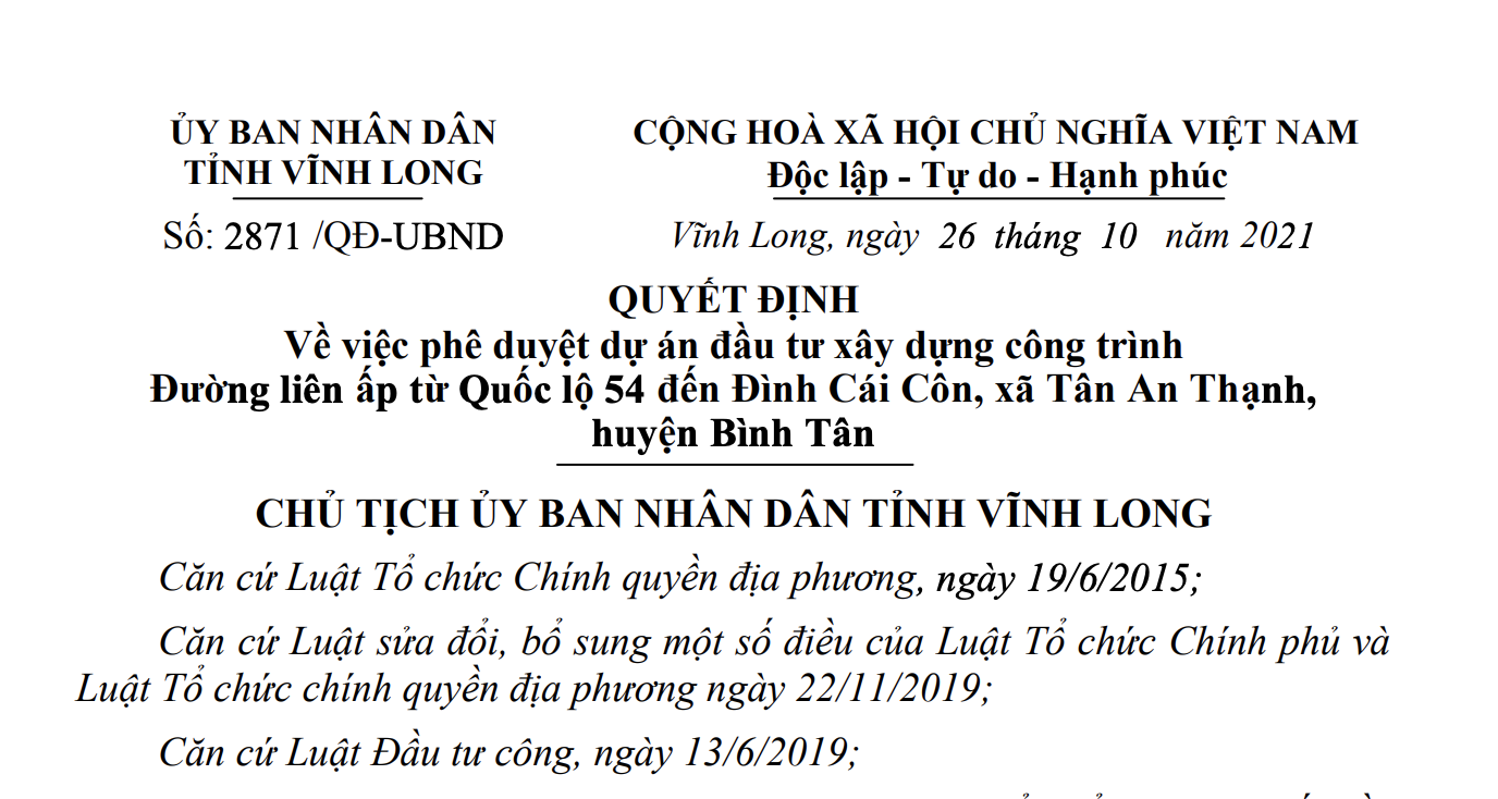 Phê duyệt dự án đầu tư xây dựng công trình Đường liên ấp từ Quốc lộ 54 đến Đình Cái Côn, xã Tân An Thạnh, huyện Bình Tân.