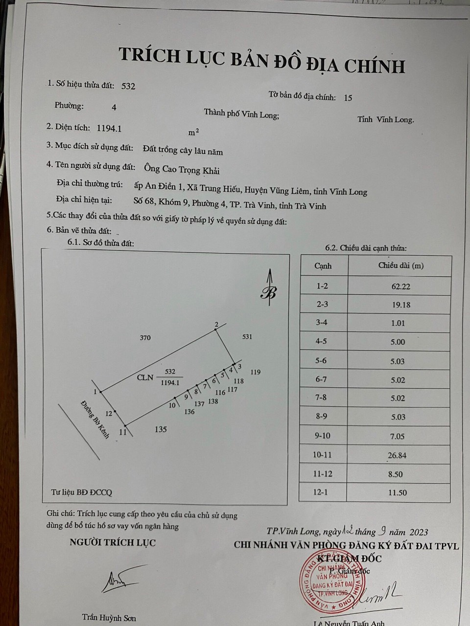 ĐẤT MẶT TIỀN ĐƯỜNG TIẾN THÀNH- Phường 4 - 2300m2, 18 TRIỆU/M2