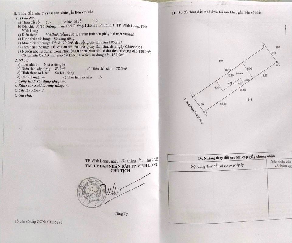 Bán nhà mặt tiền đường Phạm Thái Bường, P4, TP. Vĩnh Long. 8,1tỷ/306,2m2