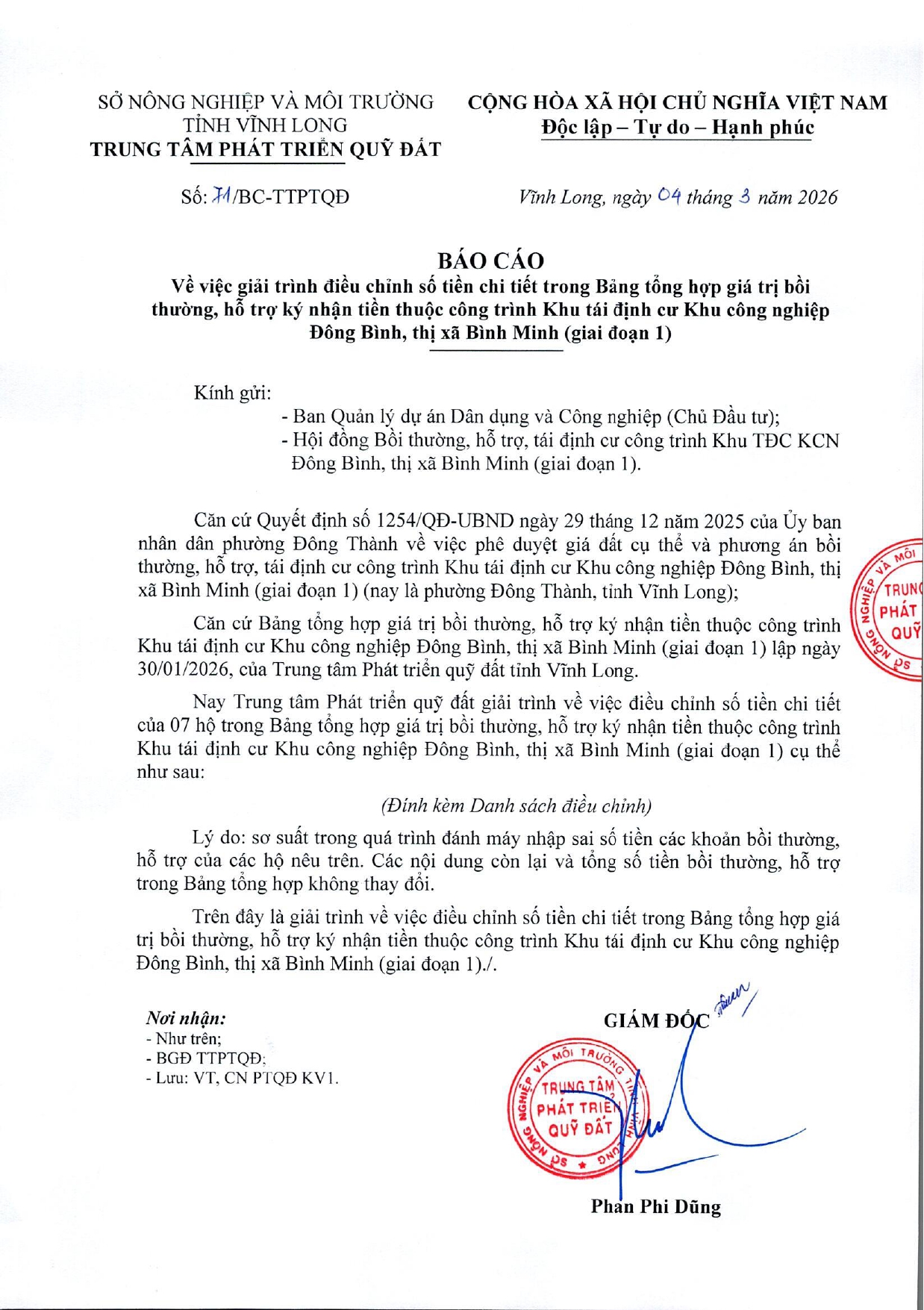 Giải trình điều chỉnh số tiền bồi thường tại dự án Khu tái định cư Khu công nghiệp Đông Bình (giai đoạn 1)