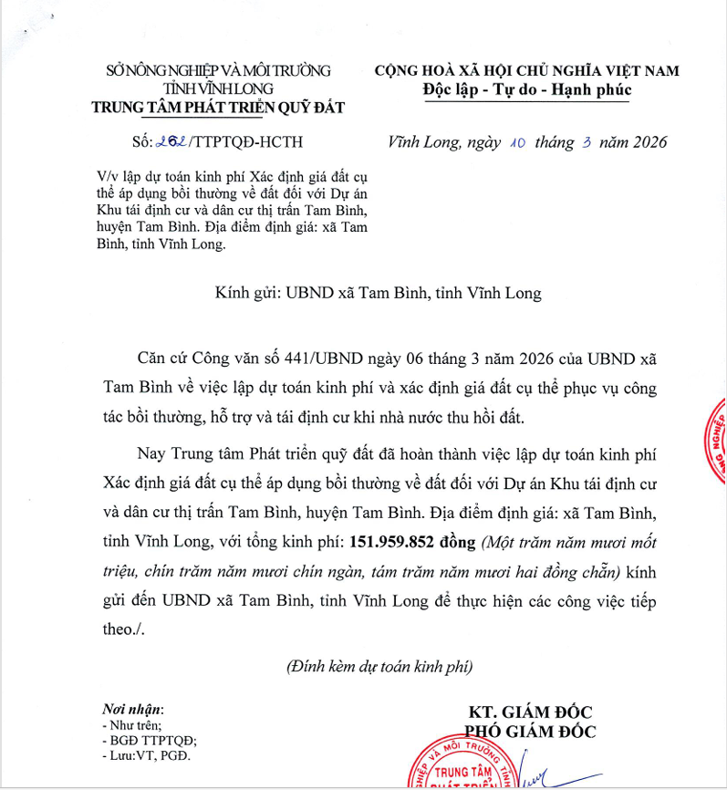 Khu tái định cư và dân cư thị trấn Tam Bình Lập dự toán kinh phí xác định giá đất